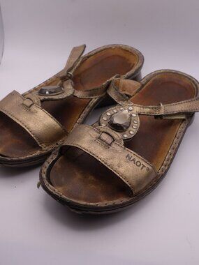 Naot Gold Rhinestone T-Strap Wedge Sandals Comfort Shoes 6